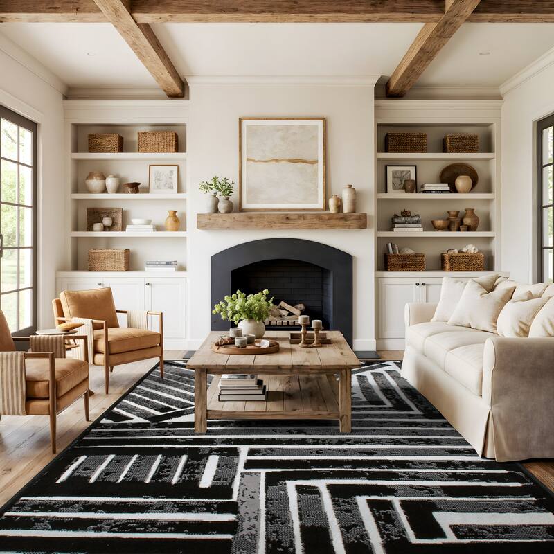 World Rug Gallery Contemporary Stripe Design Black / Gray / Ivory Area Rug - 7' 10" X 10'