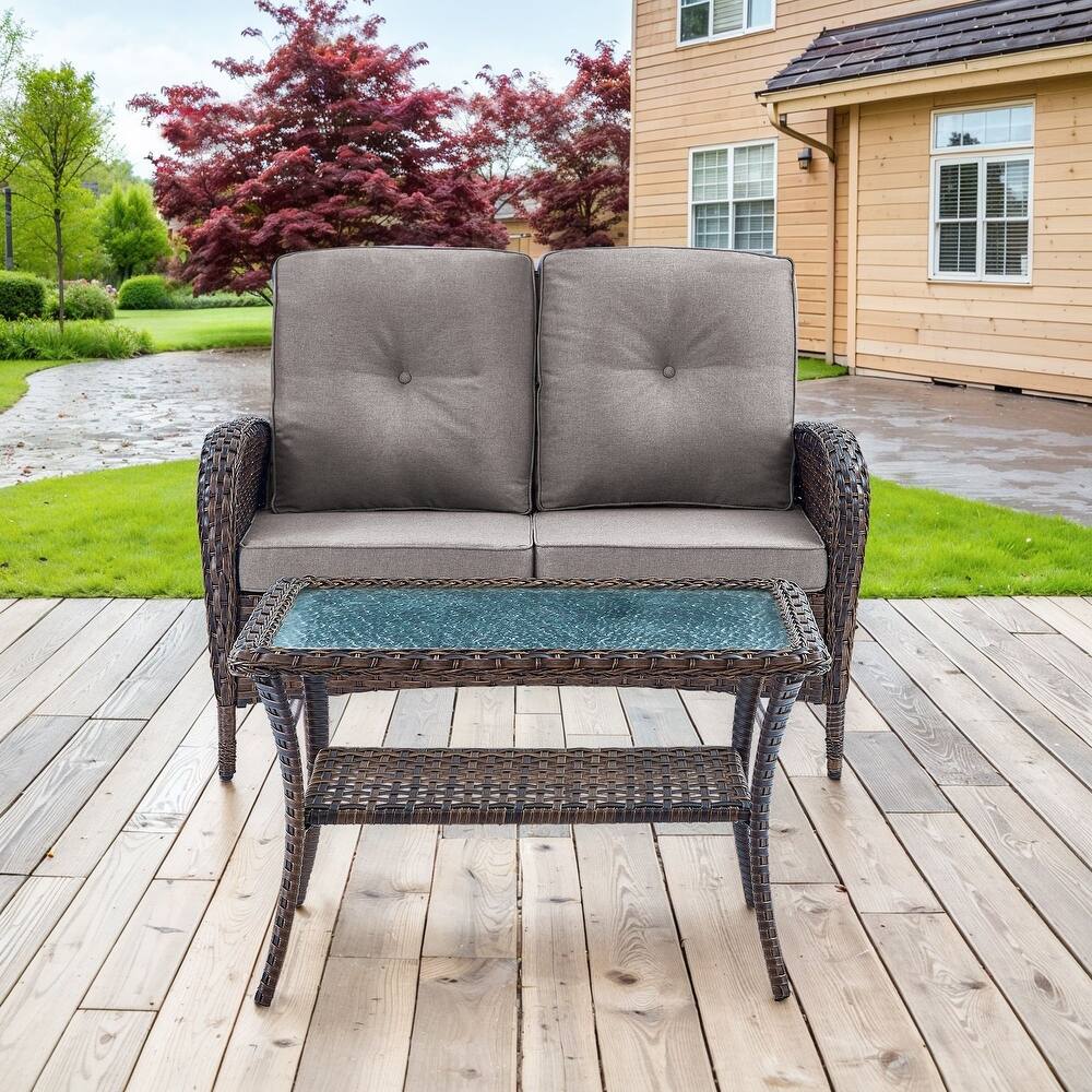Outdoor Loveseat Sofa with Coffee Table Brown- Grey - Brown