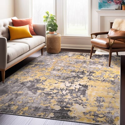 World Rug Gallery Distressed Abstract Watercolor Yellow Area Rug