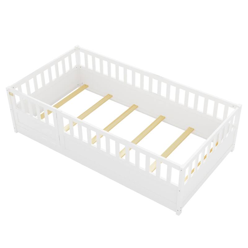 Pine Floor Bed with Guardrail & Door