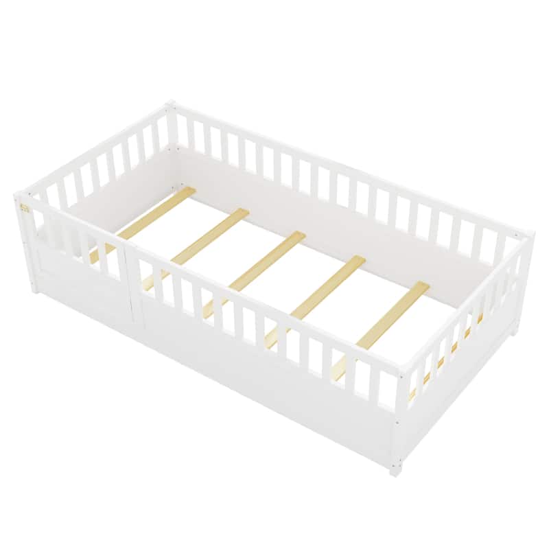 White Twin Size Pine Wood Floor Bed with Full-length Guardrail