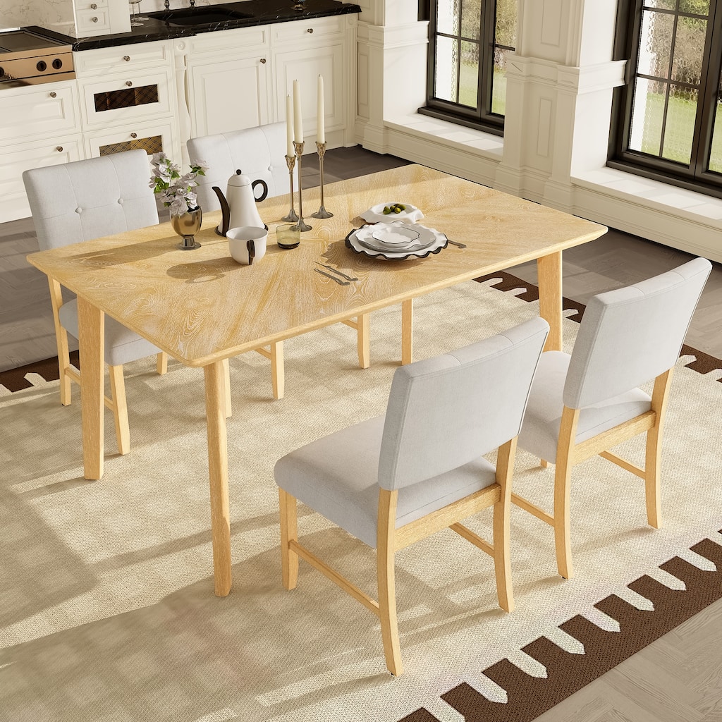 Roomfitters 5-Piece Farmhouse Dining Table Set, Rectangular Wood Kitchen Table with 4 Upholstered Chairs, Natural Wood Wash