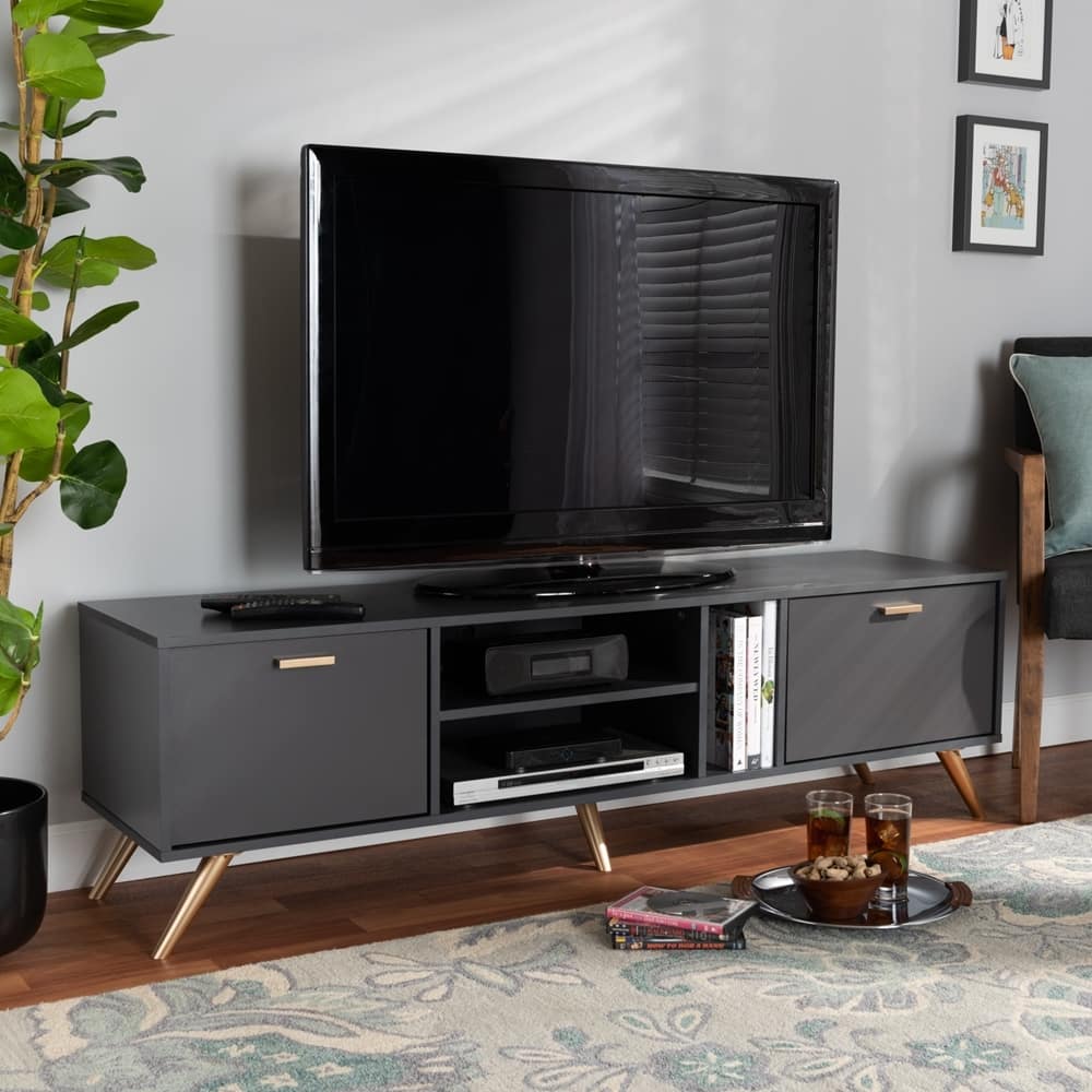 Baxton Studio Kelson Modern and Contemporary Dark Grey and Gold Finished Wood TV Stand - 18.5"H x 63"W x 15.75"D