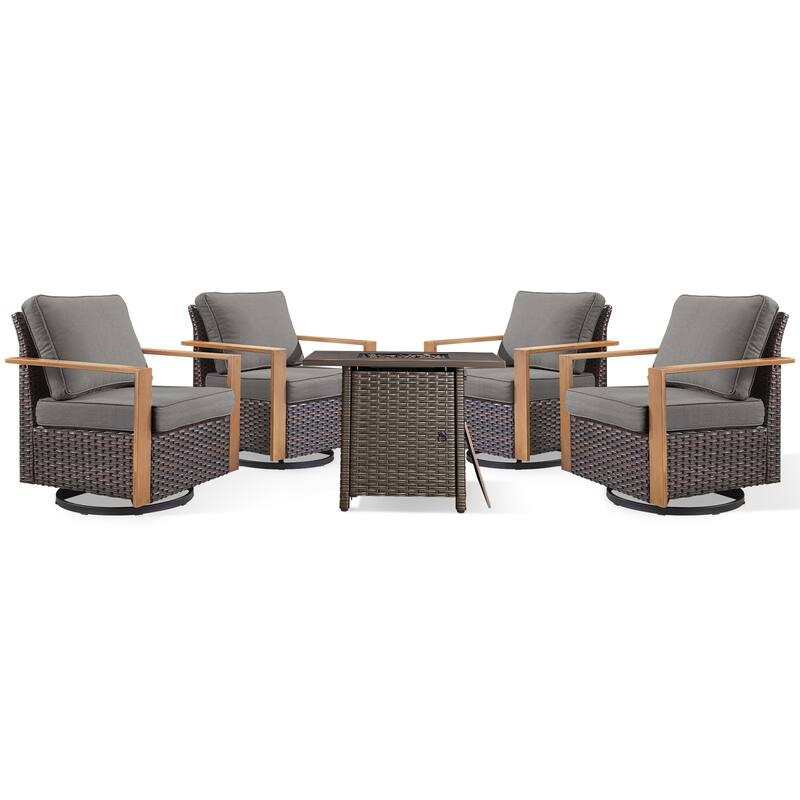 Meyreso 5-Piece Wicker Swivel Glider Fire Pit Set with Plush 4.5" Olefin Cushions