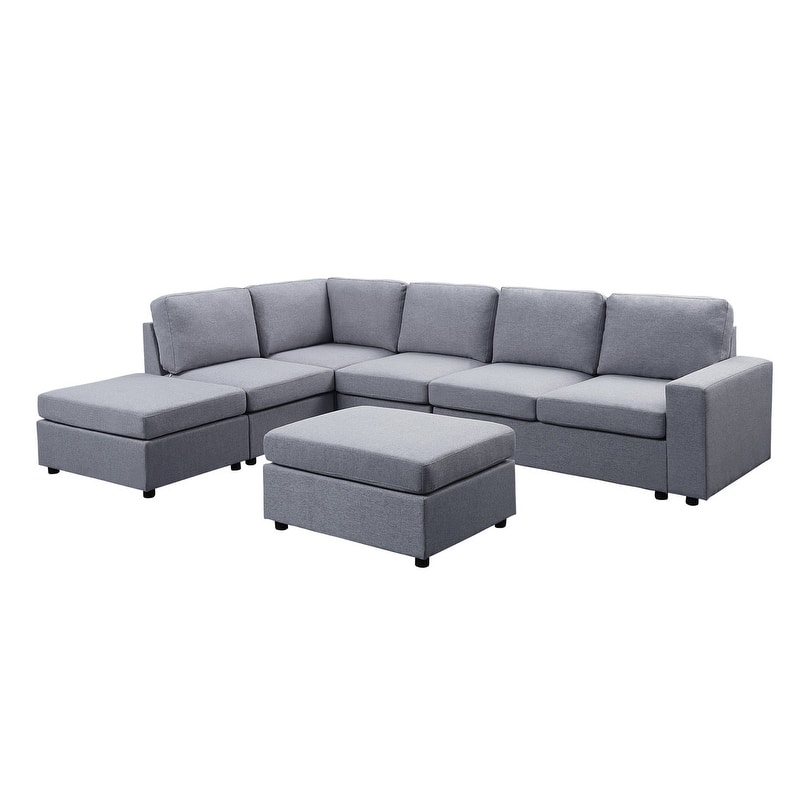 Cassia Light Gray Linen 7 Seat Reversible Modular Sectional Sofa with Ottoman