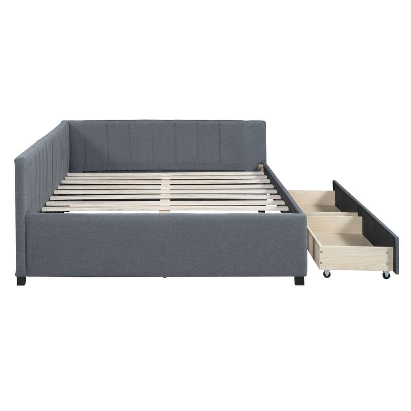 Full Size Upholstered Daybed with Storage Drawers, Linen Fabric, No Box Spring Needed
