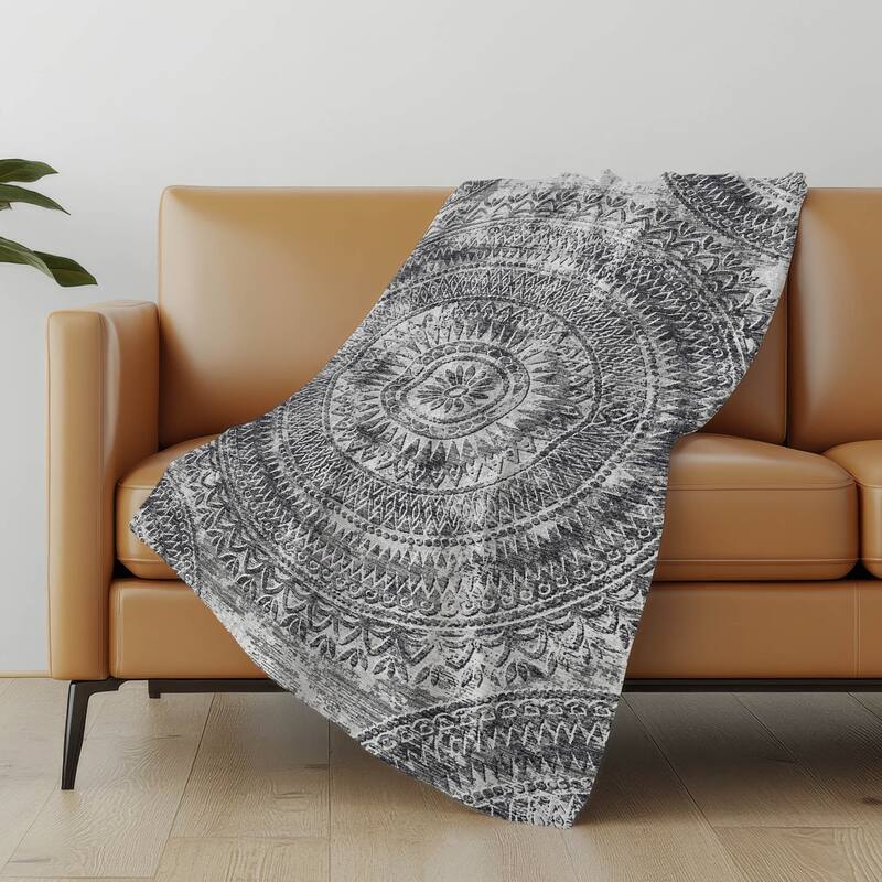 Premium Machine Washable ASB113 Global Medallion Sherpa Throw Blanket - Gray - 4'2" x 5'10"