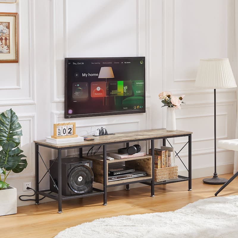 VECELO Wood TV Stand with Charging Station,Storage Shelves Entertainment Center TV Cabinet