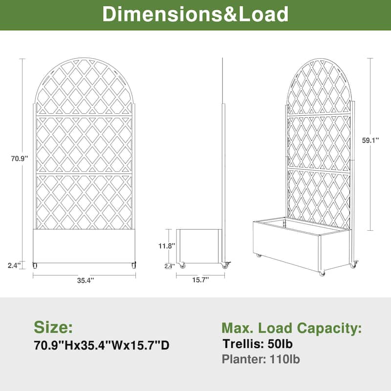Movable Raised Garden Bed with Trellis and Lockable Wheels - 71*35