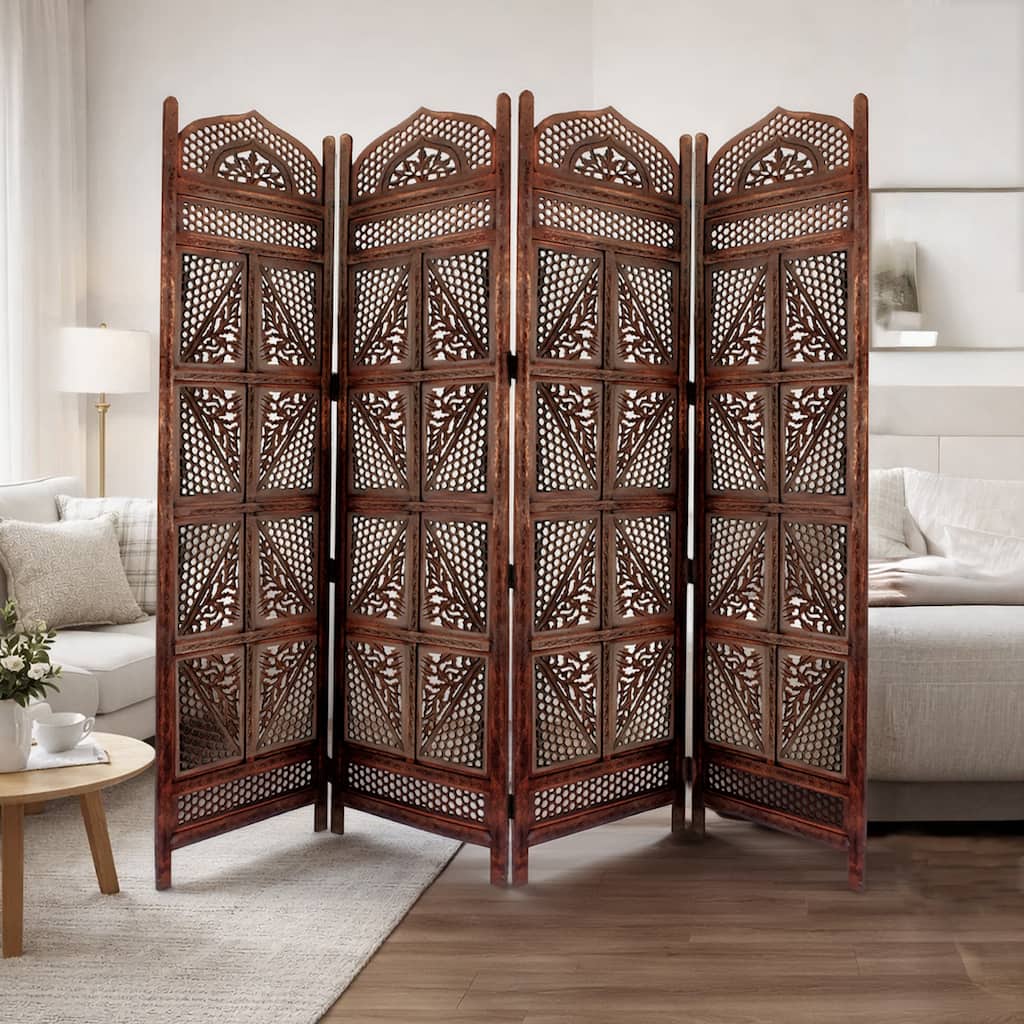 The Urban Port Foldable 4 Panel Mango Wood Room Divider Brown