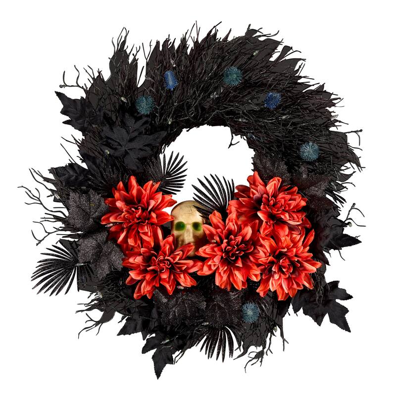 National Tree Company 24" Artificial Boo-tiful Halloween Wreath with Orange Florals and White Skull, 30 Green LED Lights - 2 ft