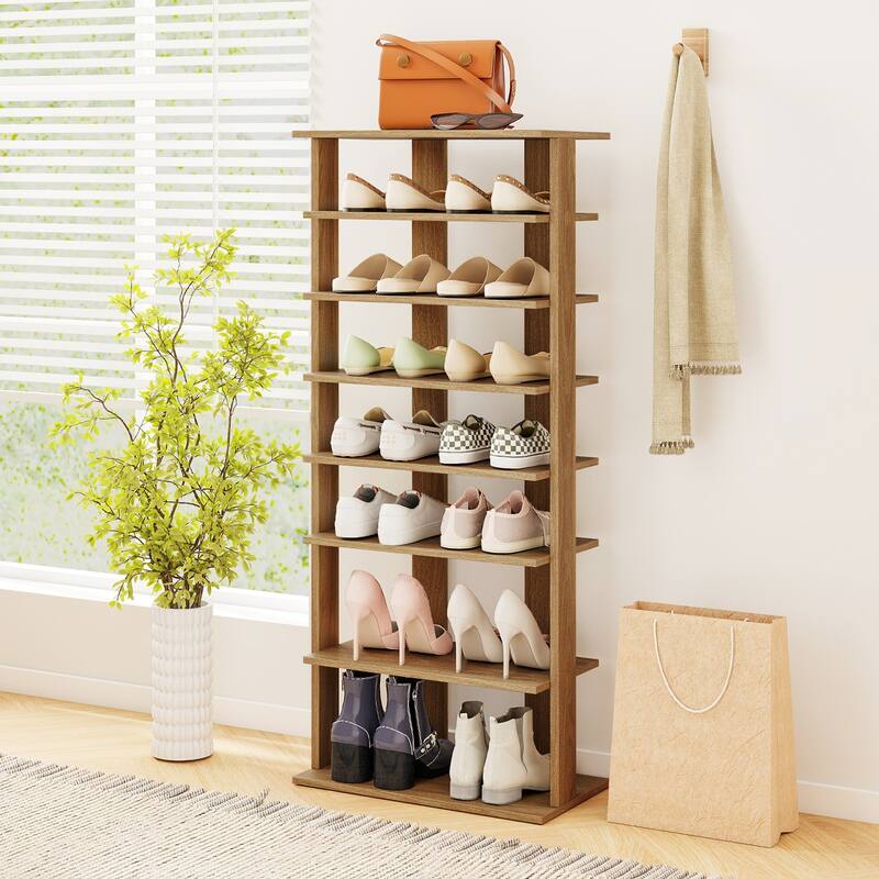 Gymax 7-Tier Double Rows Shoe Rack Vertical Wooden Shoe Storage