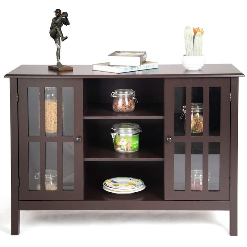 Brown Wood Sofa Tale Console Cabinet with Tempered Glass Panel Doors - 43"W x 16"D x 30"L