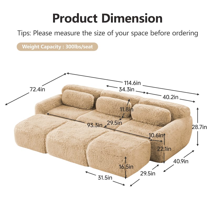 Sectional Sleeper Sofa Set, 3-Seater Modular Convertible Couch with 3 Ottomans, Boneless Sectional Sofa Bed