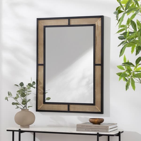 Aviva Modern Boho Cane & Black Rectangular Wall Mirror Bed Bath