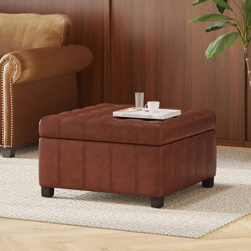 Roomfitters Ottoman Storage Bench, PU Leather Upholstered Footstool with Lift-Top Design, Brown