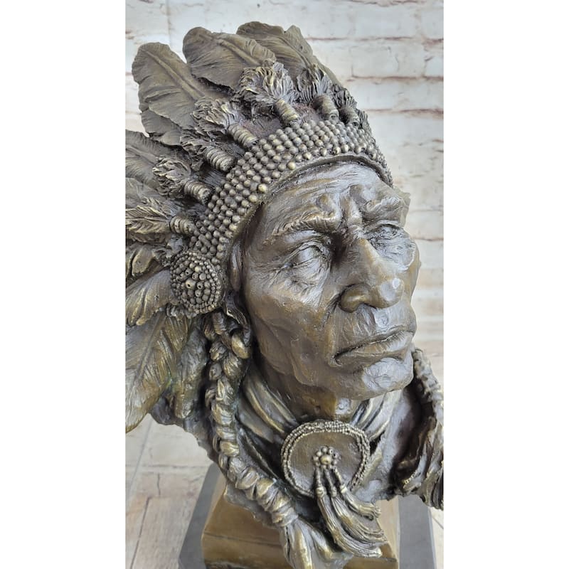 Carl Kauba Large American Warrior Bust Bronze Sculpture Marble Base Statue Decor