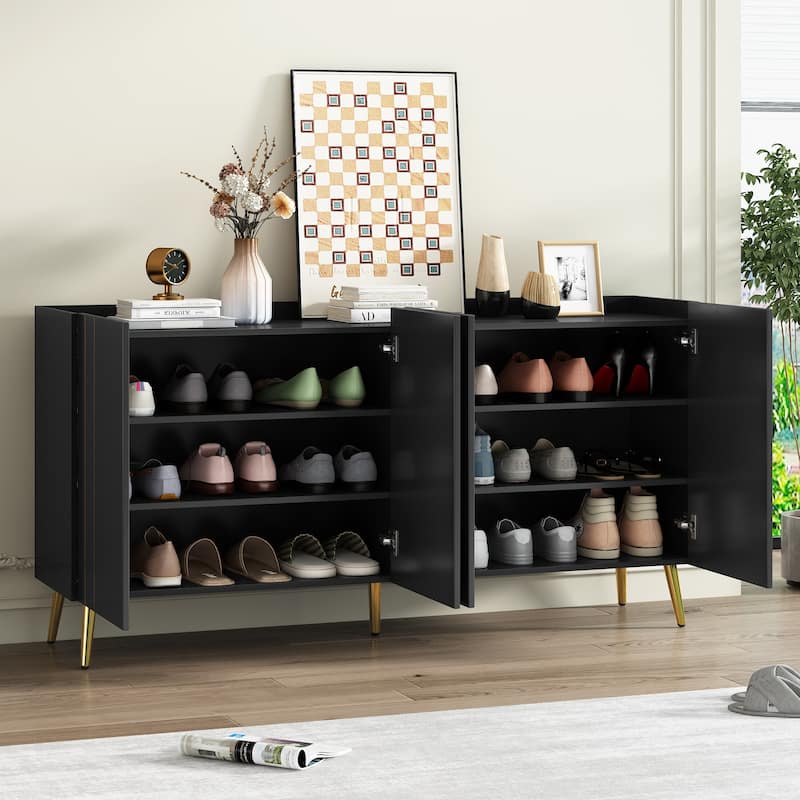 Shoe Cabinet with Gold Lines Doors & 4 Adjustable Shelves, Multi-functional TV Stand, Sideboard Cabinet with 5 Metal Legs - Black