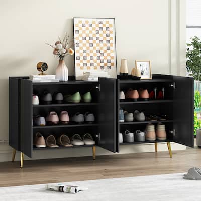 Wood Shoe Cabinet for Entrance, Modern Narrow Cabinet with Gold Metal Legs, Adjustable Shelves, Decorative Hallway Console