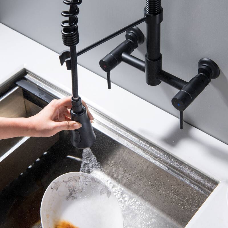 Wall Mount Commercial Kitchen Faucet With Pull Down Sprayer 2 Hole 8 Inch Kitchen Sink Faucet Matte Black Spring Basin Tap