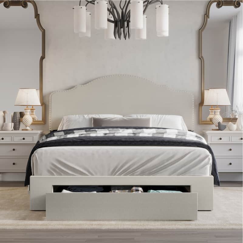 CraftPorch Transitional Linen Nailhead Upholstered Storage Bed