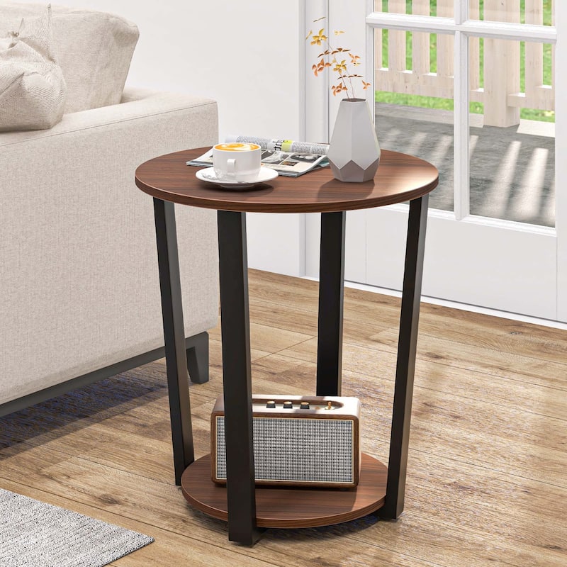 2-Tier Accent Industrial Nightstand Bedside Table w/ Metal Frame
