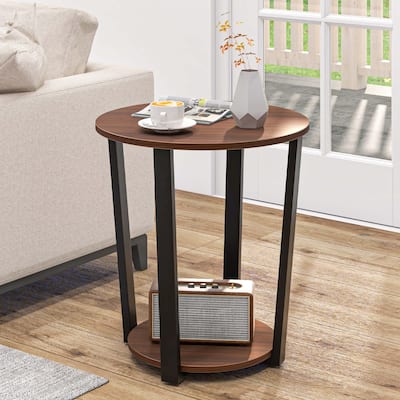 2-Tier Accent Industrial Nightstand Bedside Table w/ Metal Frame