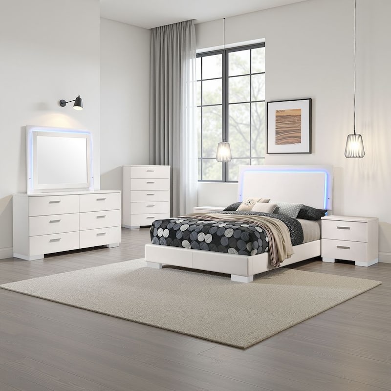 Sok 5pc Full Bedroom Set, Blue LED Lights, Faux Leather, White Wood