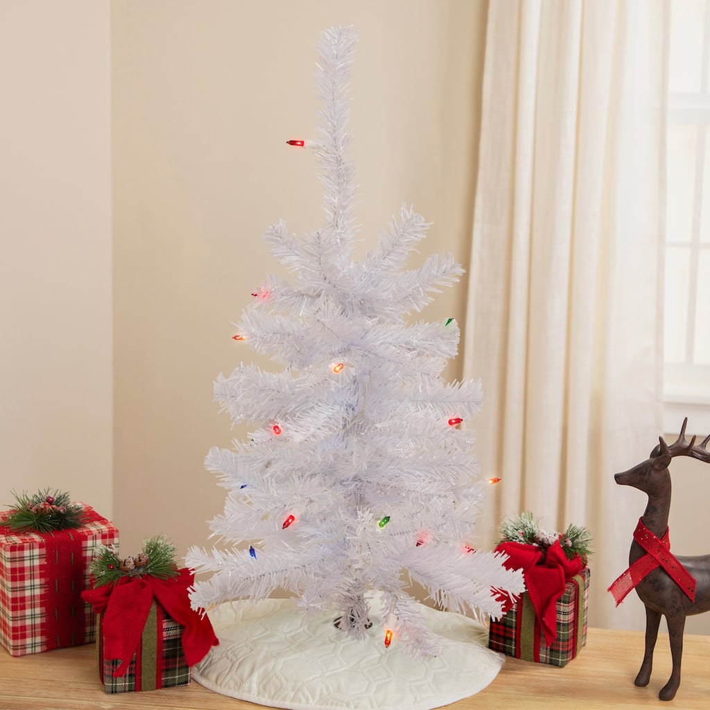 2' Woodbury White Pine Slim Artificial Christmas Tree, Multi Lights - 2 Foot