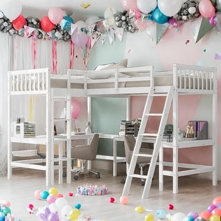 Contemporary Wood Twin Size L-Shaped Loft Bed with Ladder and 2 Built-in L-Shaped Desks, 2 Beds in 1, Solid Construction, White