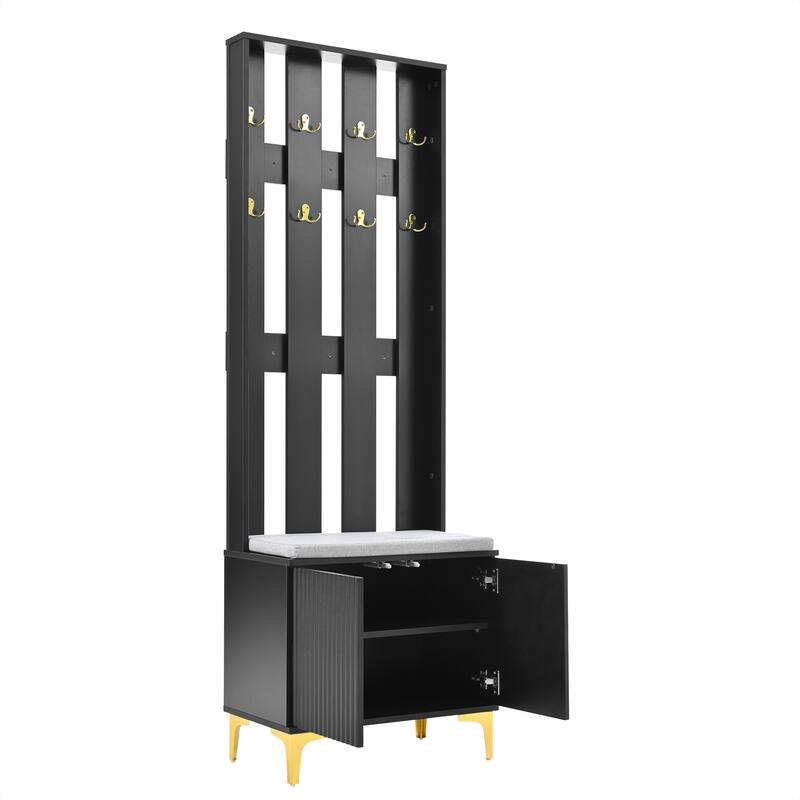 Modern 4-in-1 Coat Rack with 8 Gold Hooks, Adjustable Shelves and Spring-Loaded Mechanism, for Hallways