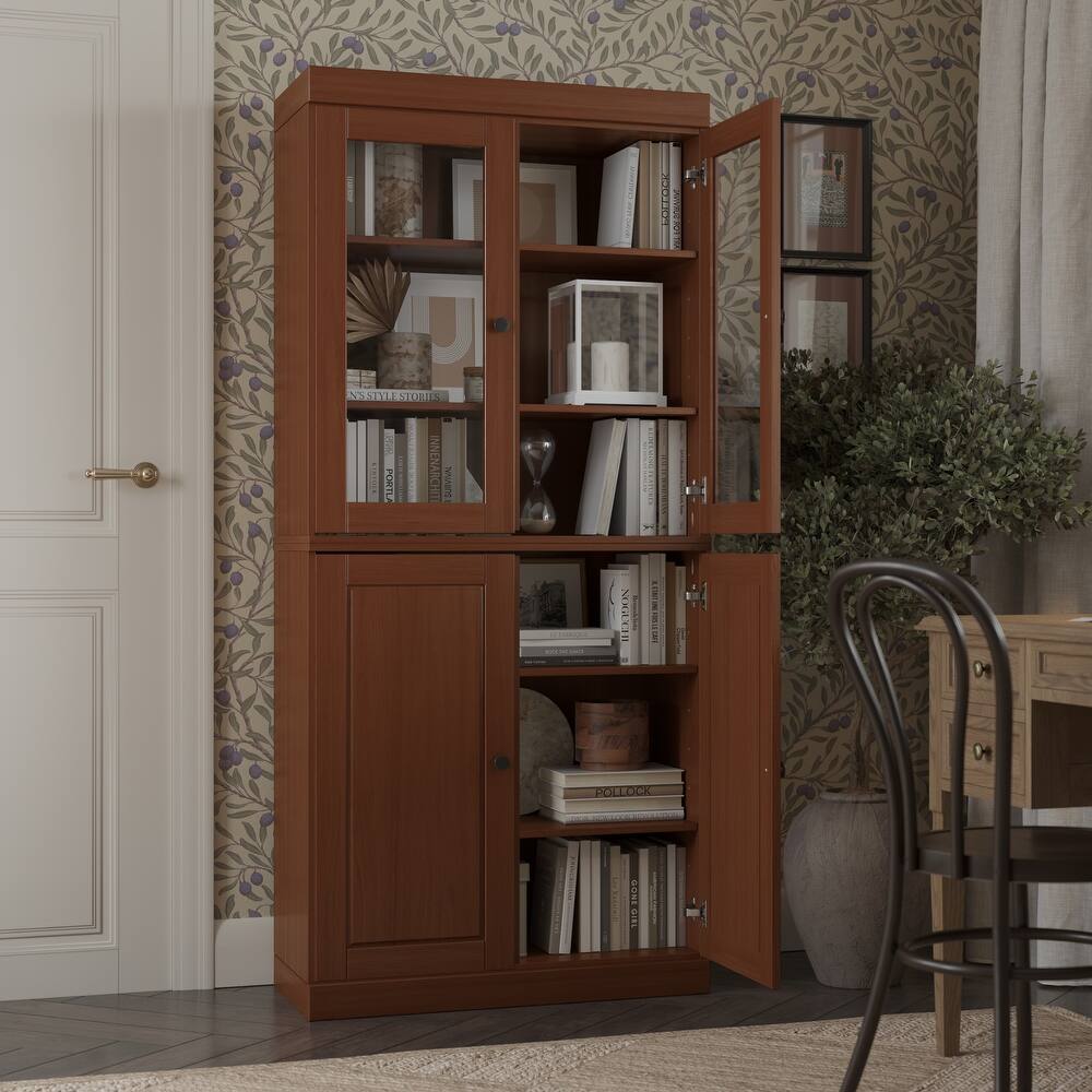Palace Imports Solid Wood 6-Shelf Bookcase, Raised Panel Clear Glass Doors, Adjustable Shelves