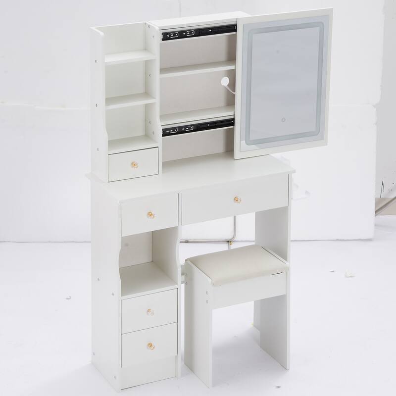 29.2" Small Size Left Drawer Desktop Vanity Table + Cushioned Stool, 2 AC+2 USB Power Station, Hair dryer bracket
