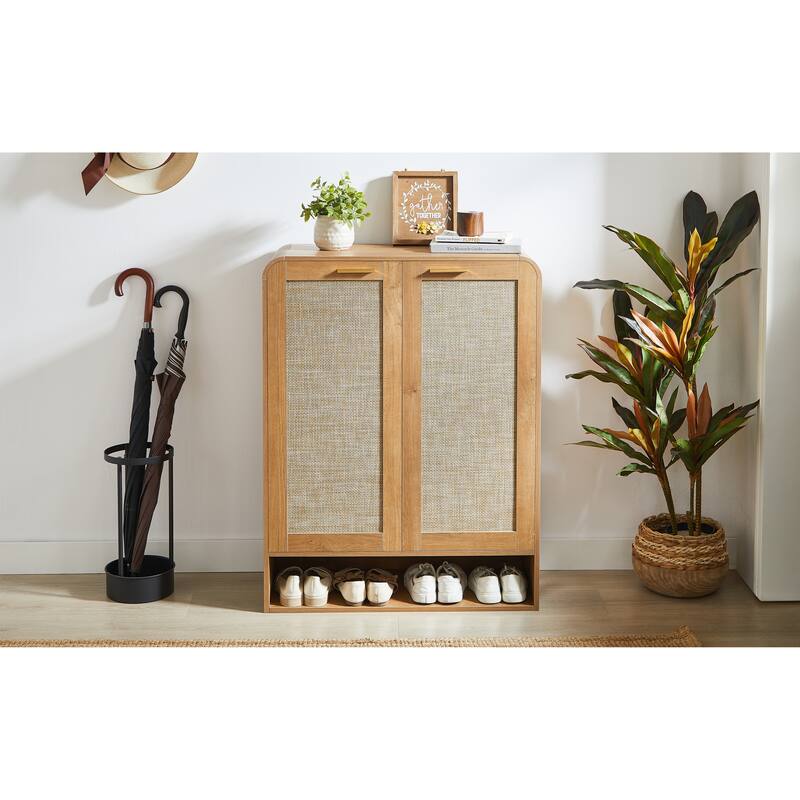 GDF Studio - Lindenwave Coastal Rattan and Wood Shoe Storage Cabinet with Adjustable Shelves
