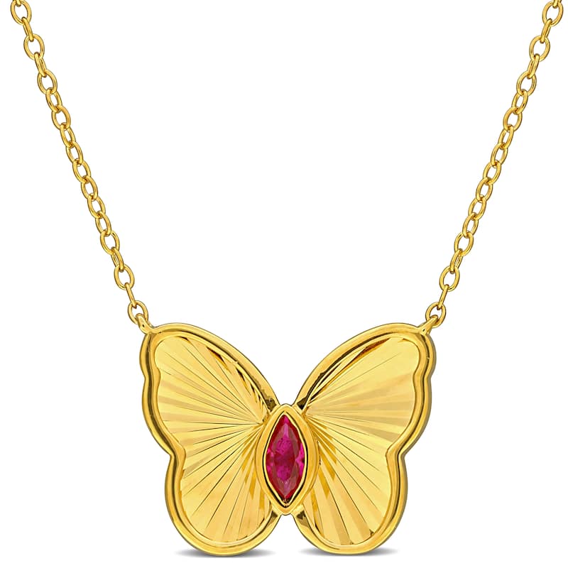 Miadora 1/5ct TGW Marquise-Cut Created Ruby Butterfly Necklace in Yellow Plated Sterling Silver-17in