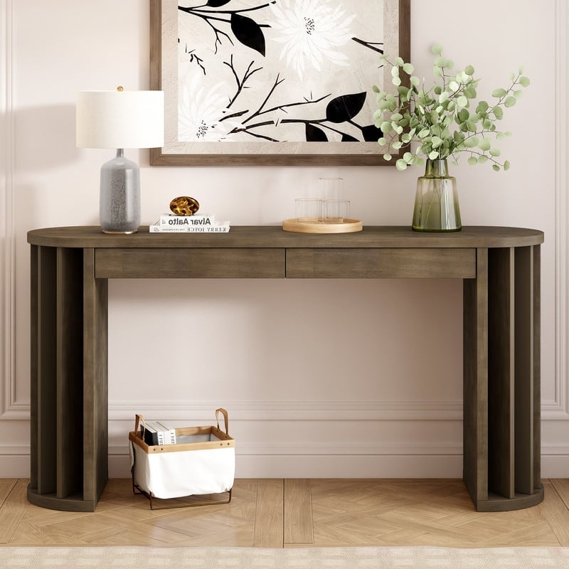 59-inch Long Console Table,Oak Veneer Sofa Table,Curved and Straight Line Design,Behind the Couch - Natural