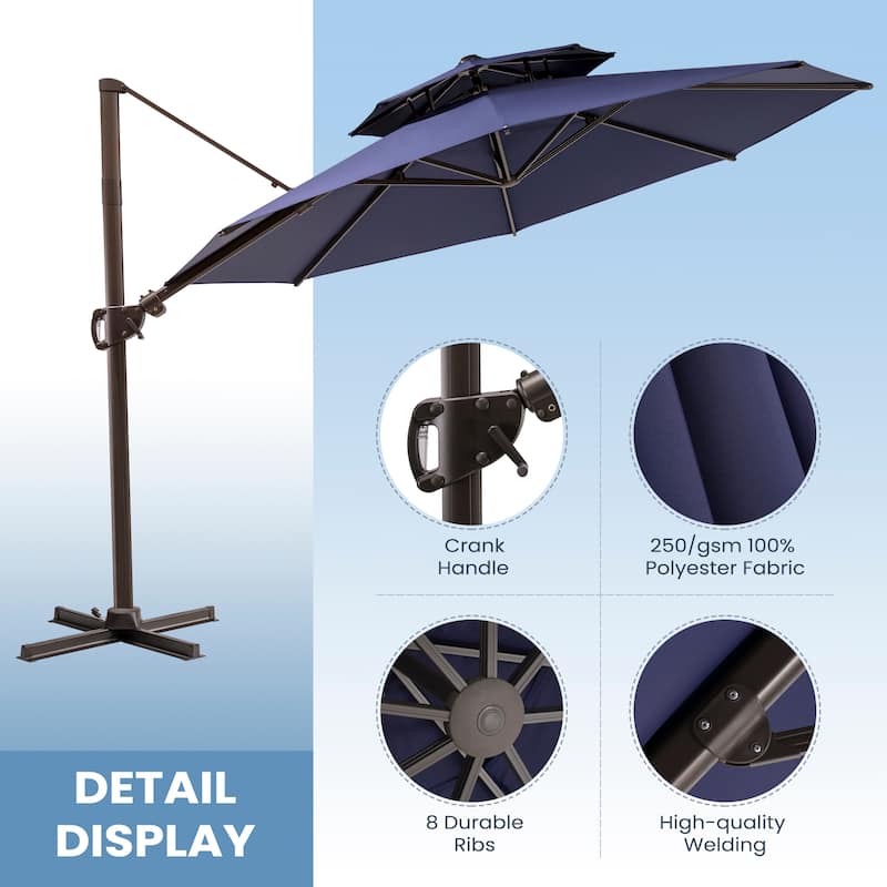 11 ft Outdoor Aluminum Dual Top Solar Powered LED Lighted Patio Cantilever Umbrella and Weighted Base