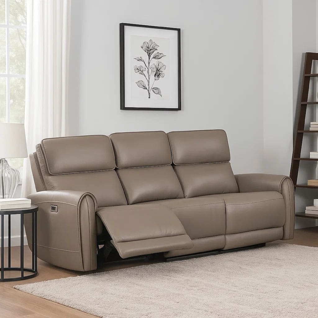 Sily Power Recliner Sofa, Light Brown Faux Leather, 81 Inch, USB Ports