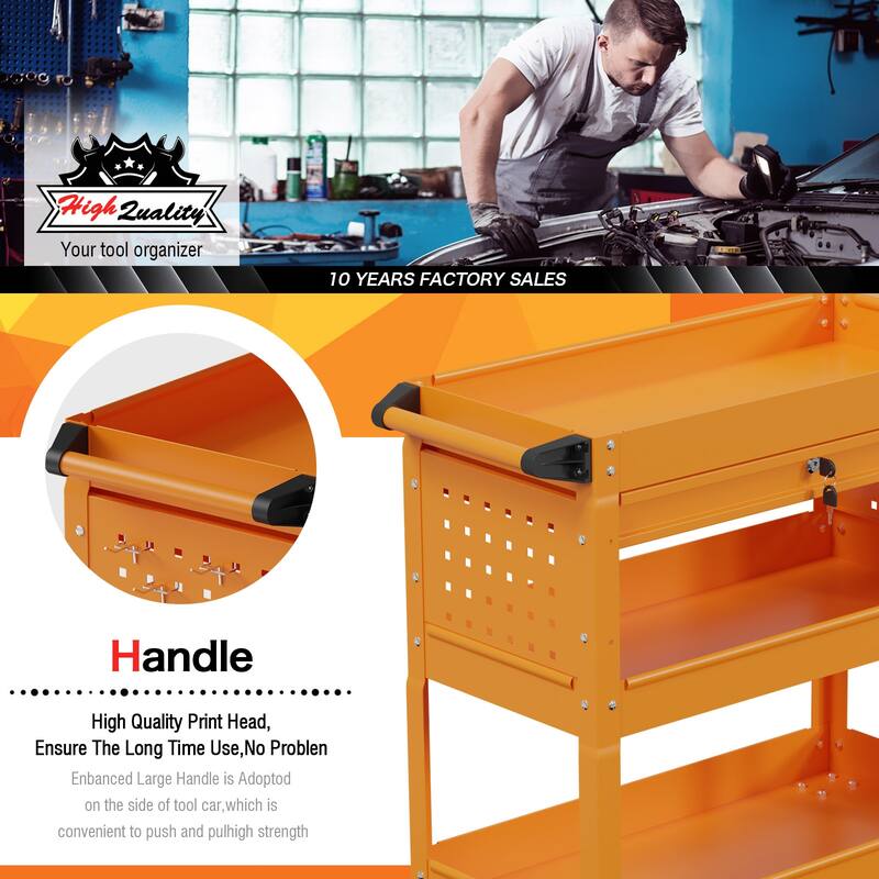 3-Tier Rolling Tool Cart on Wheels for Mechanics with Utility Drawer
