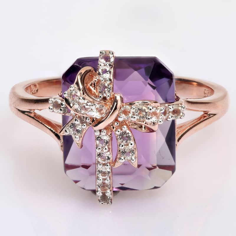 Miadora Octagon Amethyst & White Topaz Bow Split Shank Cocktail Ring in Rose Plated Sterling Silver