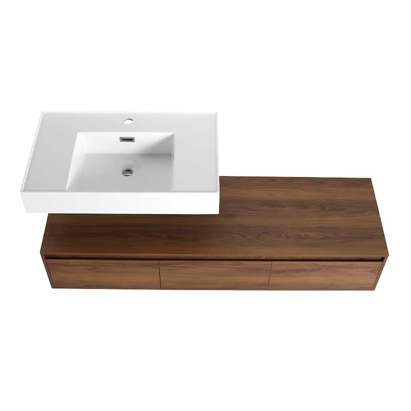 GDFStudio - Amelia 60" Wall-Mounted Bathroom Vanity with Resin Sink and Soft-Close Drawers, Brown Ebony Finish