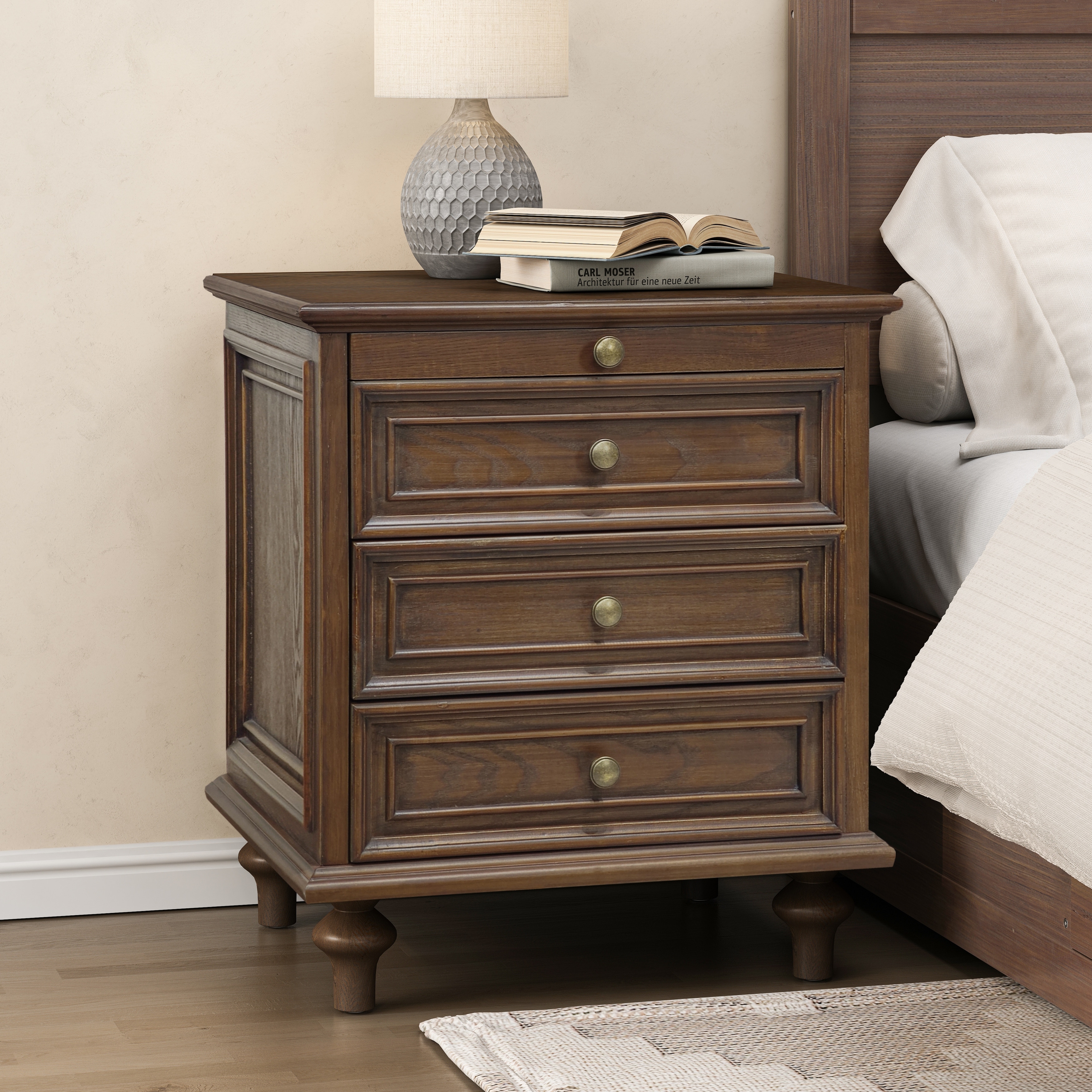 GDFStudio Vespertine Solid Wood 4-Drawer Nightstand with Pull-Out Tray