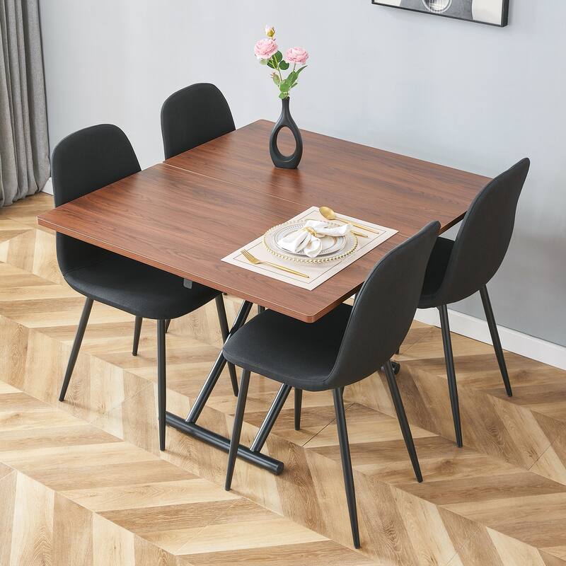 5-Piece Modern Lift Top Dining Table Set, Square Folding Wood Table with Metal Legs & 4 Linen Chairs for Small Spaces