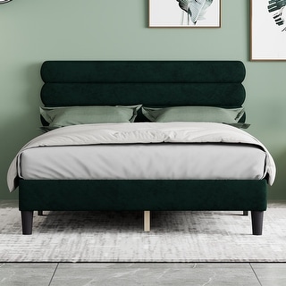 Queen Size Green Soft Padded Bed Frame with Tufted Headboard, Wooden ...