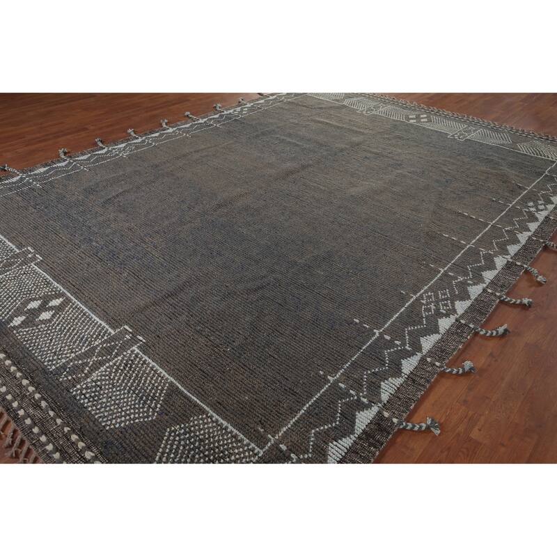 Striped Brown Moroccan Area Rug Handmade Wool Carpet - 8'10"x 12'7"