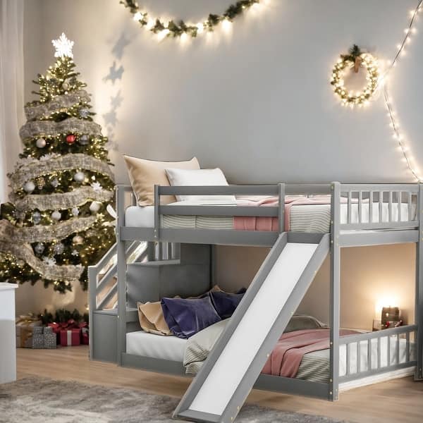 slide 2 of 12, Twin over Twin Bunk Bed with Convertible Slide and Stairway Grey