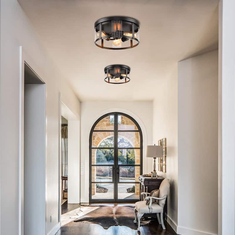 13.3" Industrial Matte Black 3-Light Flush Mount Ceiling Light