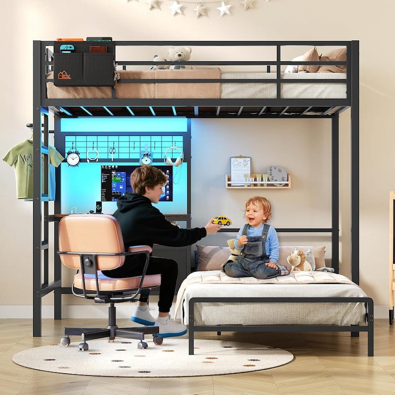 Bunk Bed Twin Over Twin Size with Desk Charging Station L-Shaped Metal