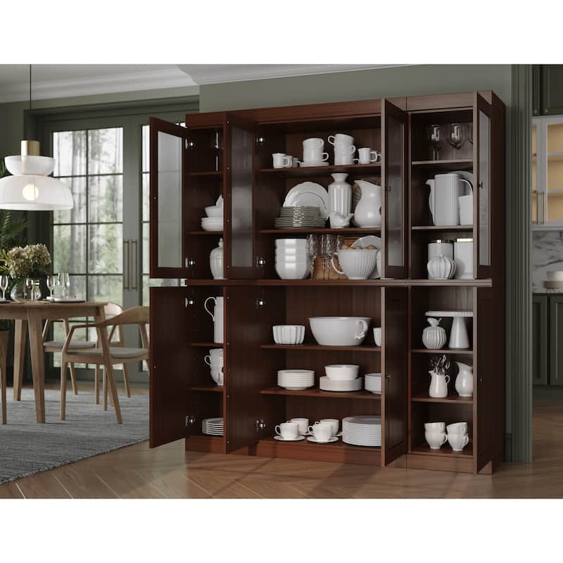 100% Solid Wood 65" Pantry China Cabinet with Solid, Frosted Glass Doors and Adjustable Shelves