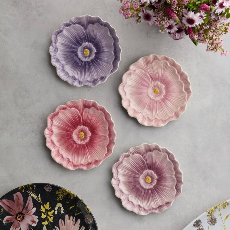 Certified International Wildflowers 3-D Floral Dessert Plates, Set of 4 Assorted Designs - 8.00"L x 8.00"W x 1.00"H